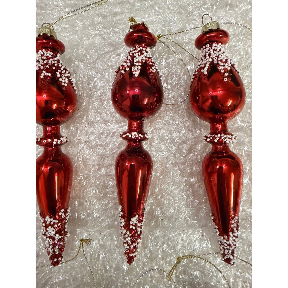 6 Red Glass Finial Christmas Ornaments Nordic Frost Beaded Tree Decor - Picture 3 of 8
